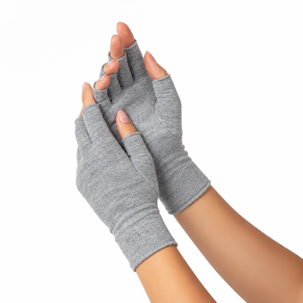 Close-up of grey fingerless bamboo compression gloves on both hands