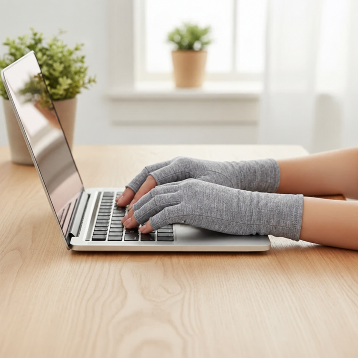 Hands wearing grey fingerless bamboo compression gloves while typing on a laptop